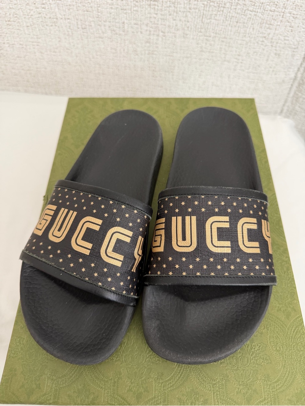 Gucci Black and Gold Branded Slide Sandals